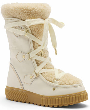 A cream-colored, lace-up winter boot with a tan, thick, lug-soled platform base. The boot features a plush, textured faux-shearling trim around the collar and top of the foot, cream-colored laces looped through metal hardware, and a leather-like upper.