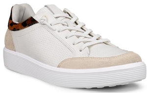 White leather low-top sneaker with leopard print heel.