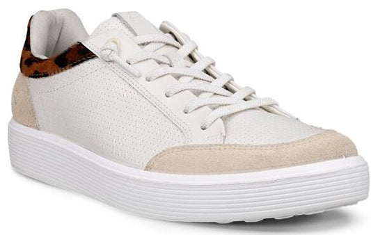 White leather low-top sneaker with leopard print heel.
