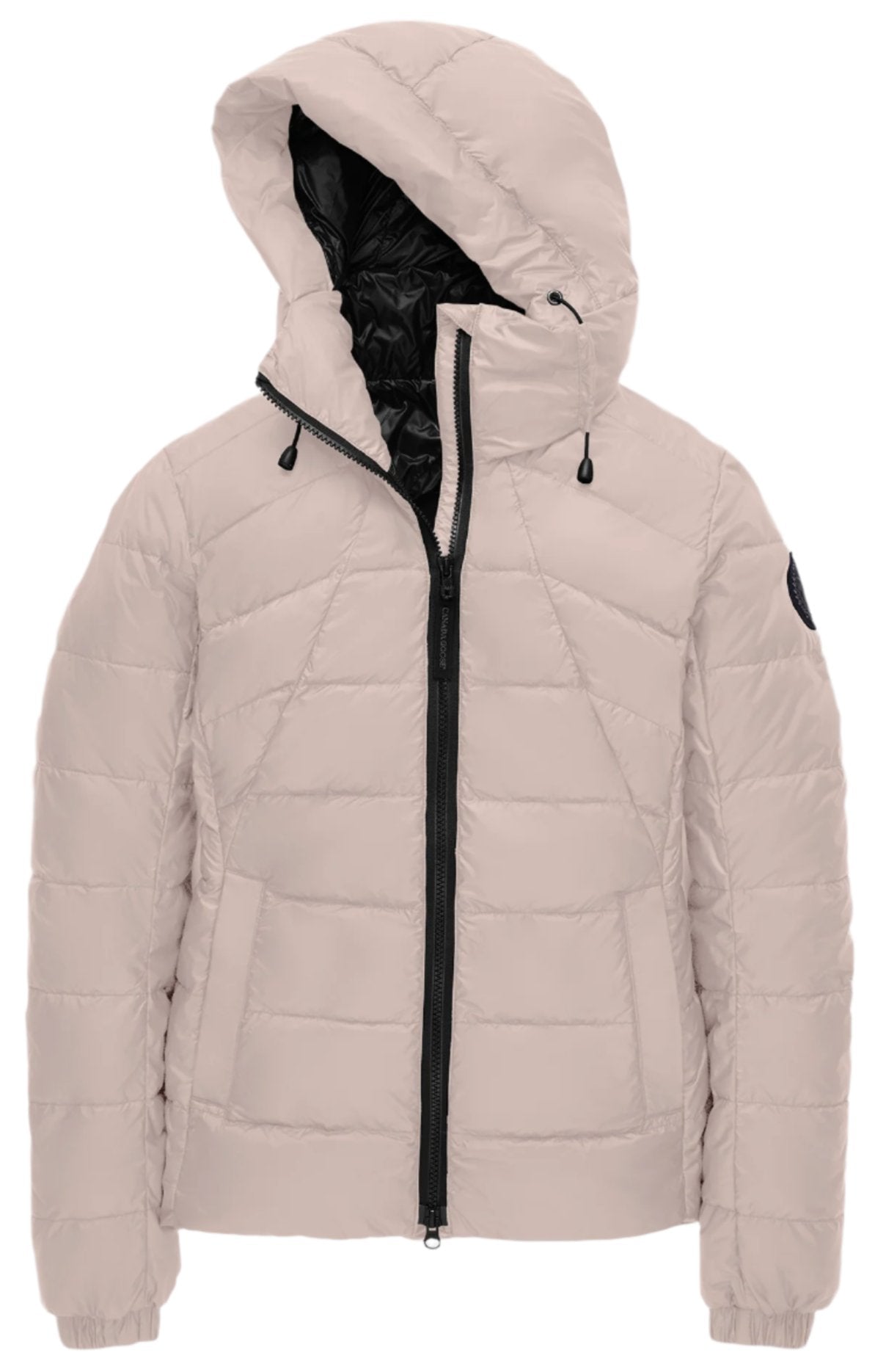 Beige puffer coat with a hood and black zipper.