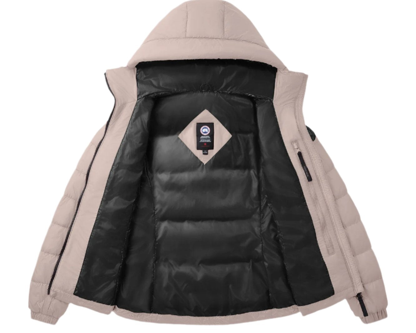 Open, light brown down-filled jacket with a hood, black interior lining, and a diamond-shaped tag under the hood.