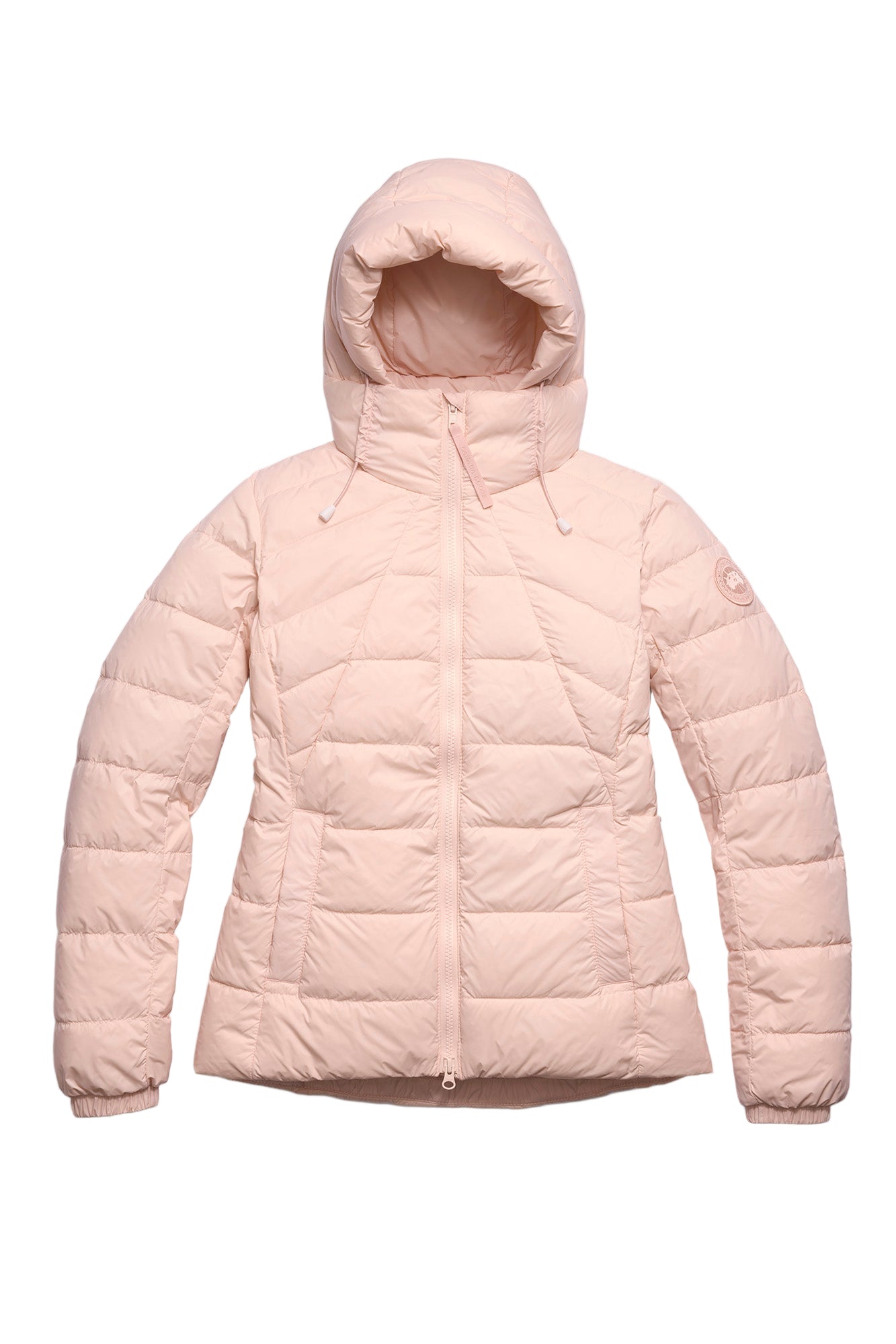 Pink, hooded, quilted down jacket