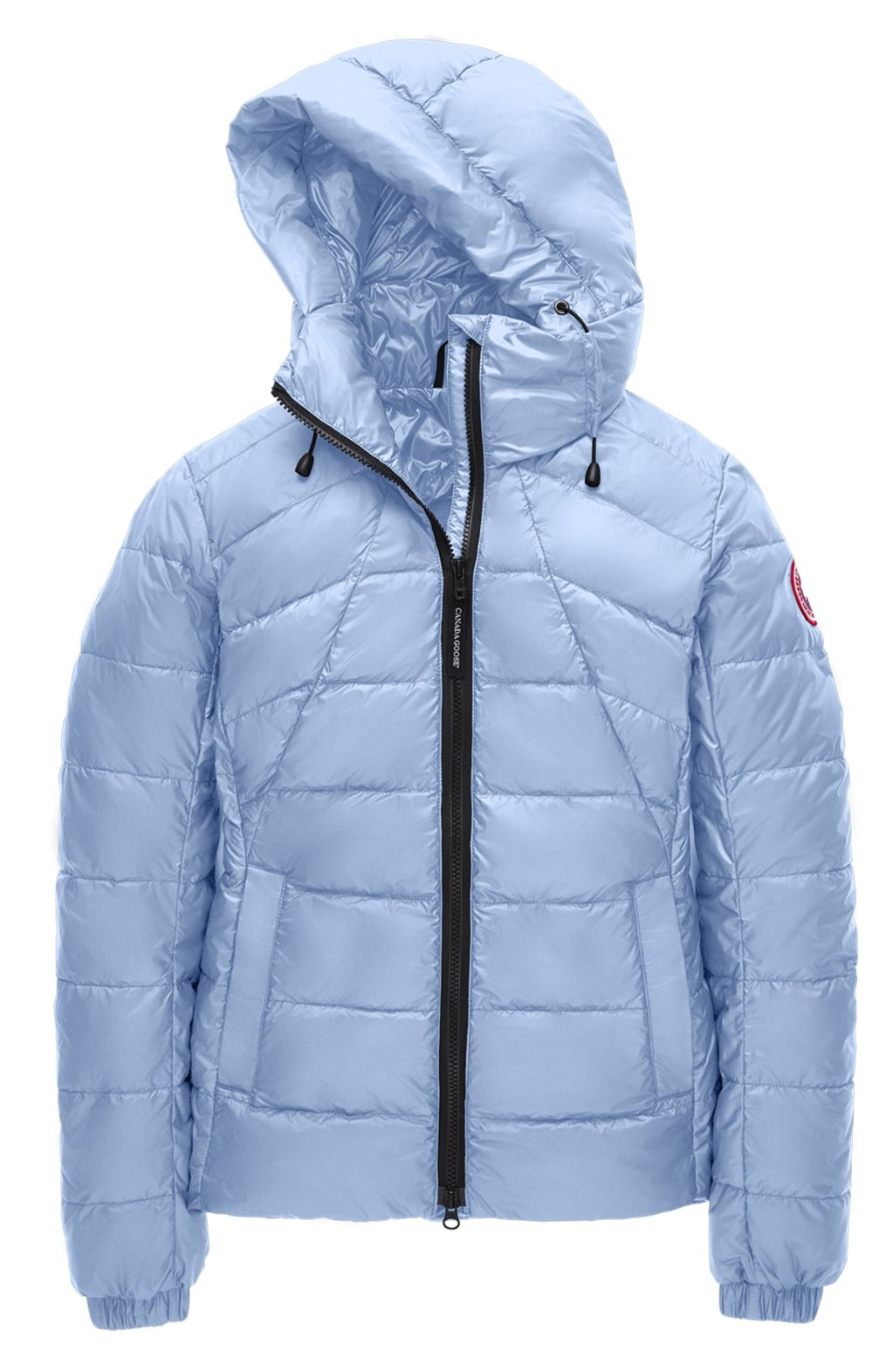 Light blue quilted puffer jacket with a hood and black zipper.