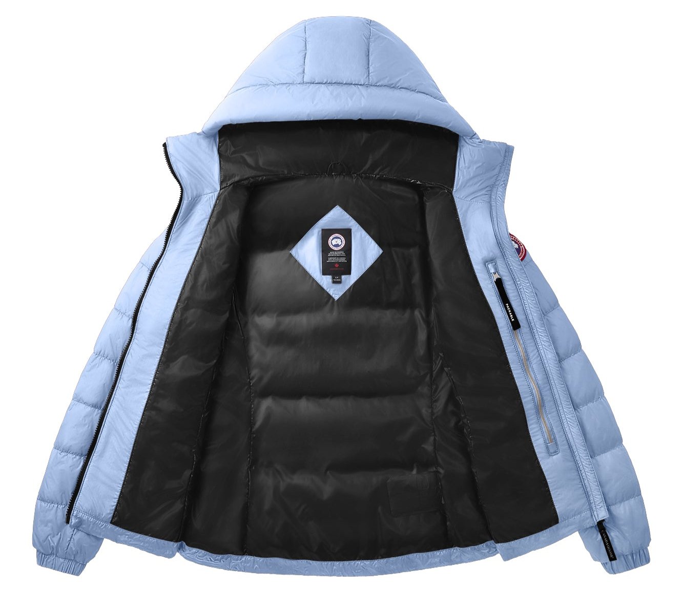 Open light blue down puffer jacket with hood, black lining, chest logo, and arm patch.