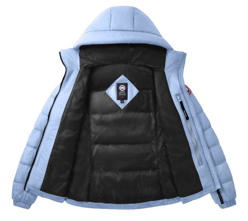 Open light blue down puffer jacket with hood, black lining, chest logo, and arm patch.
