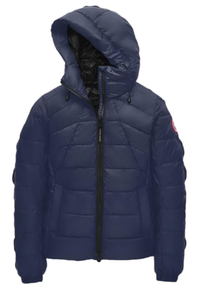 Navy blue down puffer coat with a hood and a black zipper closure.