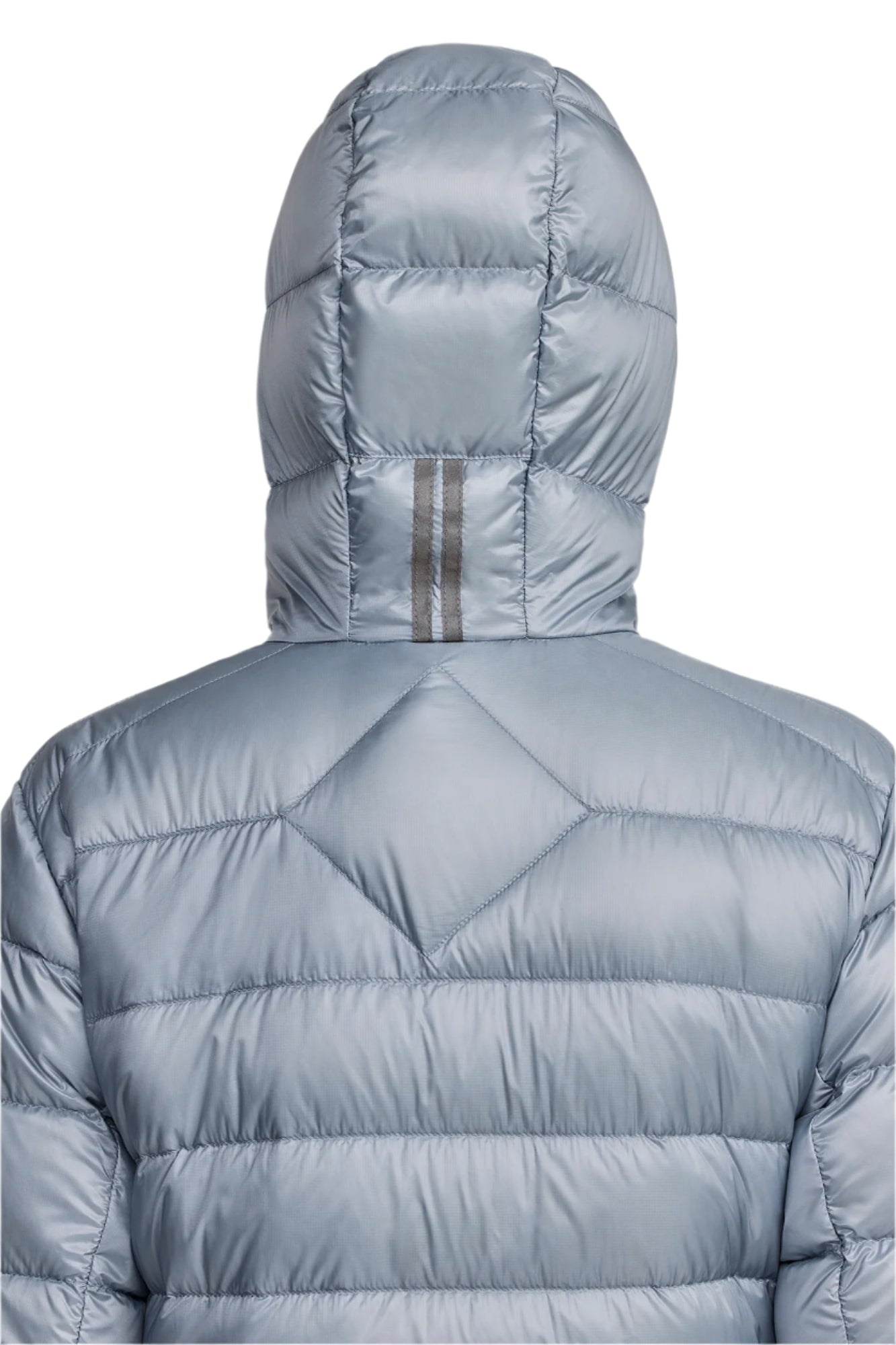 Back view of a silver hooded puffer jacket with a reflective stripe on the hood.