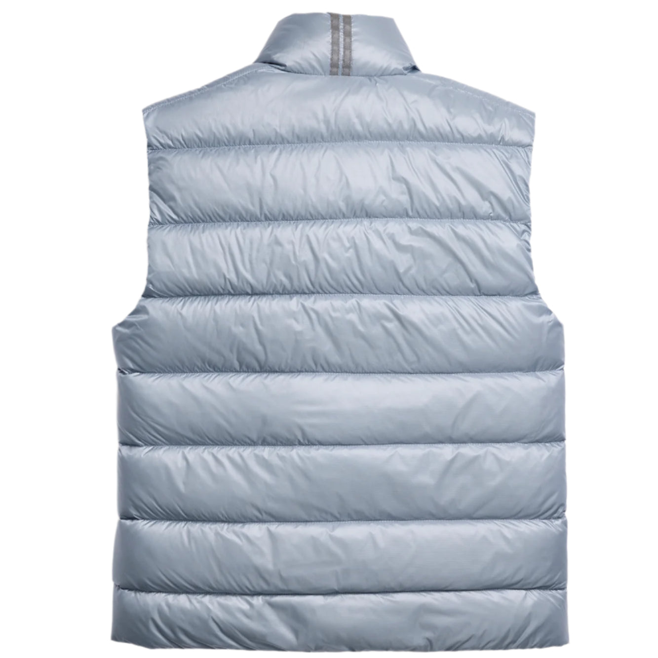 Back view of a light blue quilted puffer vest with horizontal stitching.