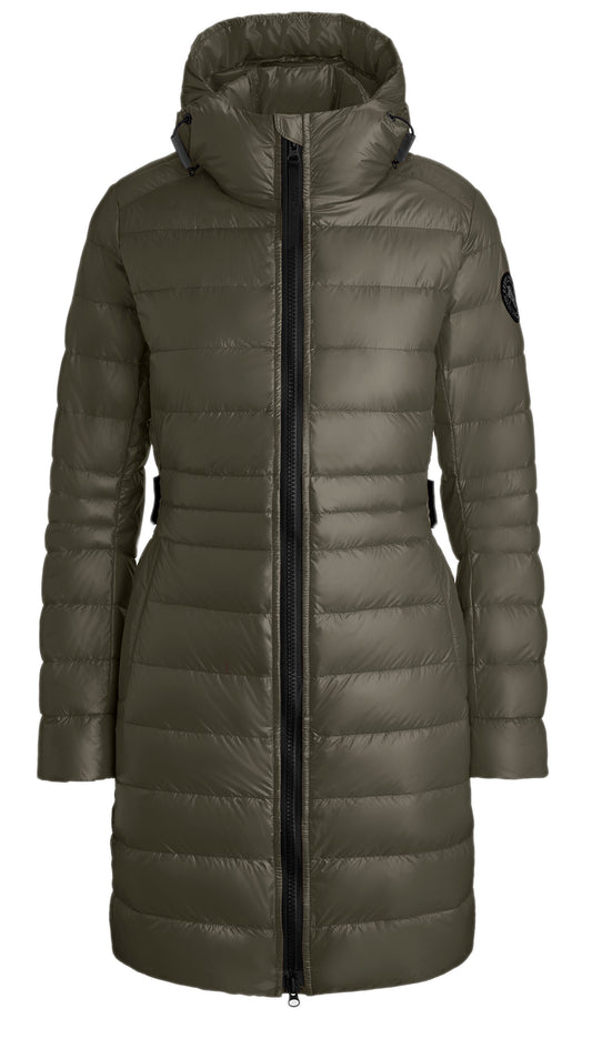 Olive green down-filled puffer coat with a center zipper and an attached hood.