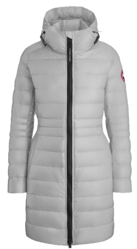 Knee-length, light grey puffer coat with a hood and a black zipper.