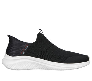 Slip-on style black sneaker with white sole and “SLIP-INS” written on the side.