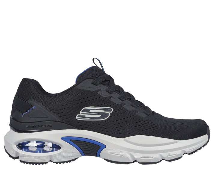 A black athletic shoe with a thick white sole and blue air bubble.