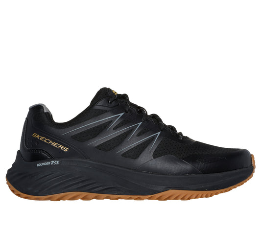 Black running shoe with brown sole and visible “SKECHERS BOUNDER RSE” text.
