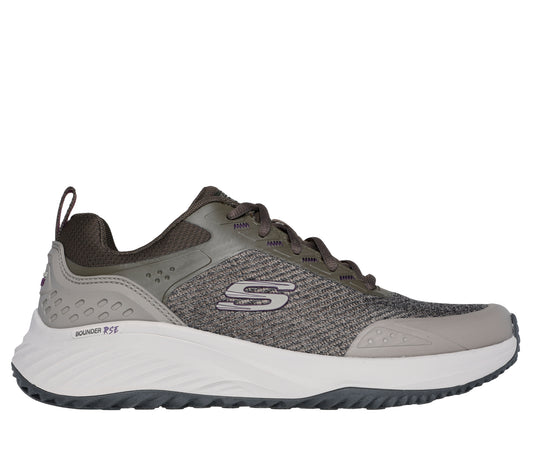 Olive-colored athletic shoe with gray accents and white sole.