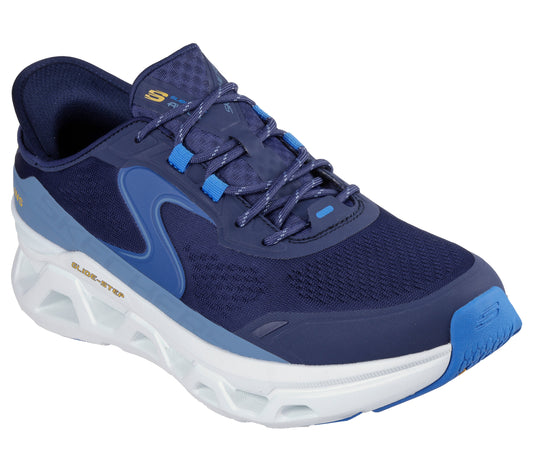 A navy blue athletic shoe with white sole and light blue accents.