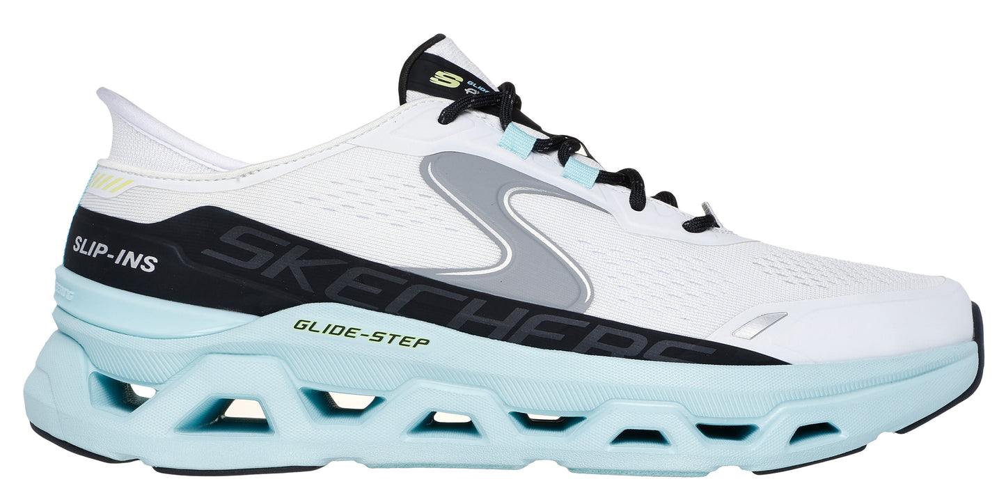 a white running shoe with a light blue sole and black accents, featuring the text 'SLIP-INS' and 'SKECHERS GLIDE-STEP'