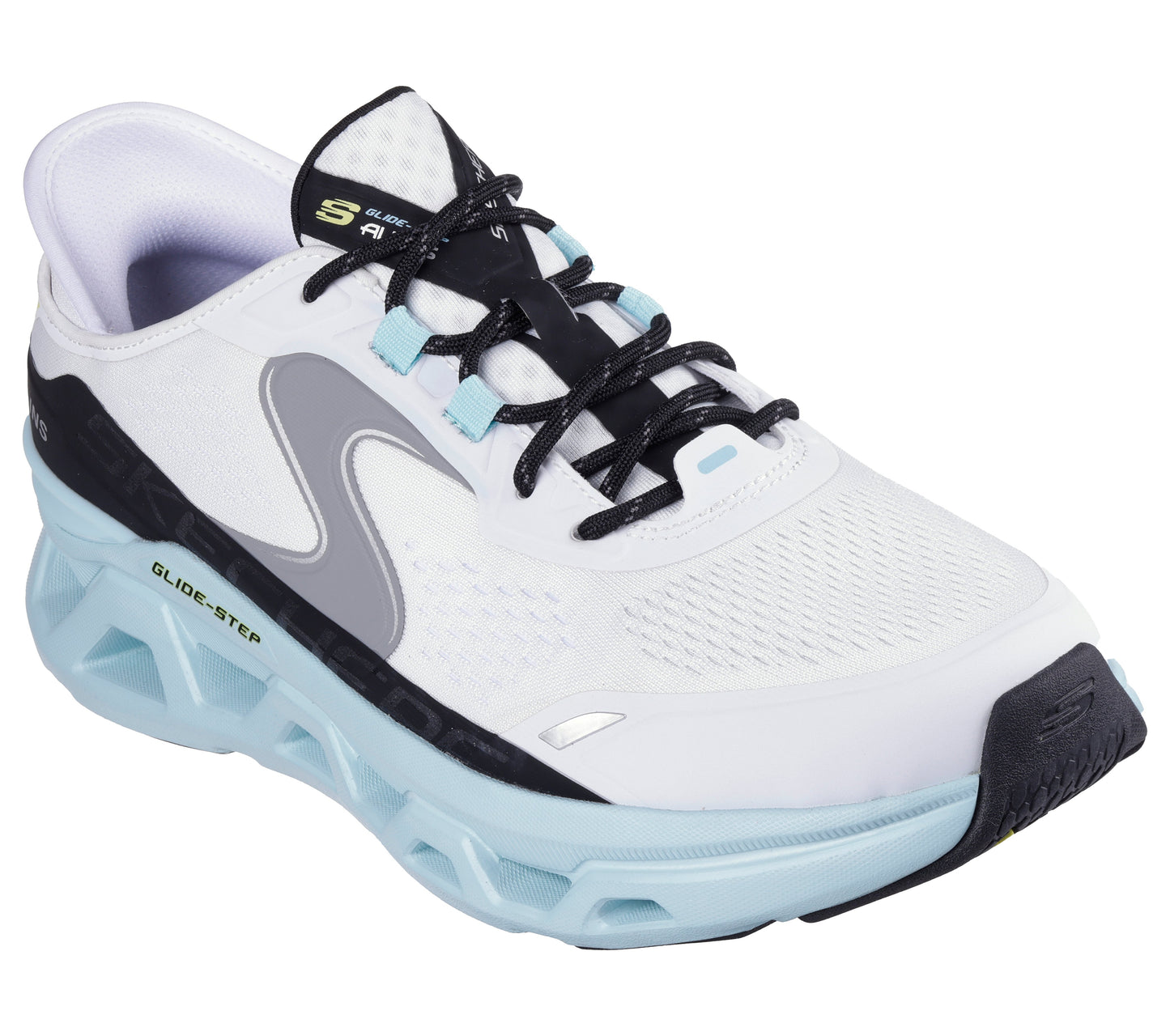 White running shoe with black laces, a light blue sole and a gray wave on the side.