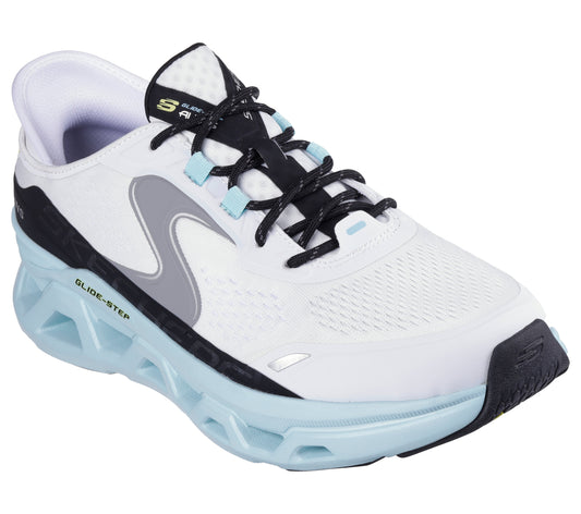 White running shoe with black laces, a light blue sole and a gray wave on the side.