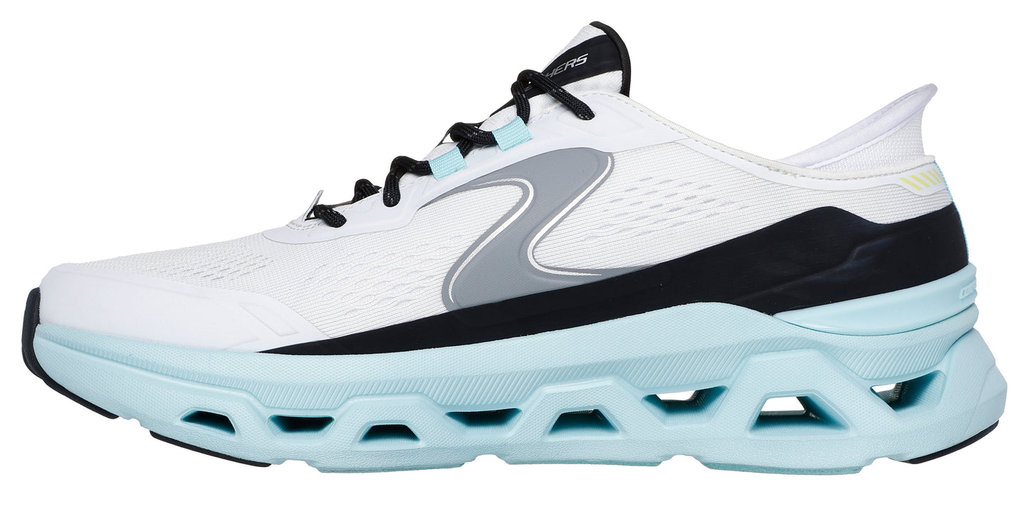 White running shoe with light blue sculpted sole, black accents, and grey logo.