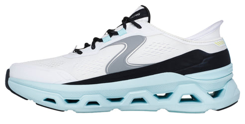 White running shoe with light blue sculpted sole, black accents, and grey logo.