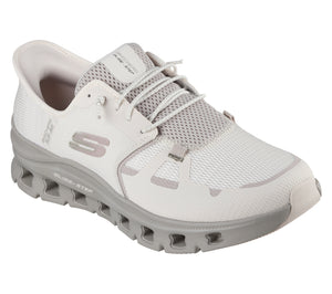 A white and gray athletic shoe with the words GLIDE-STEP.