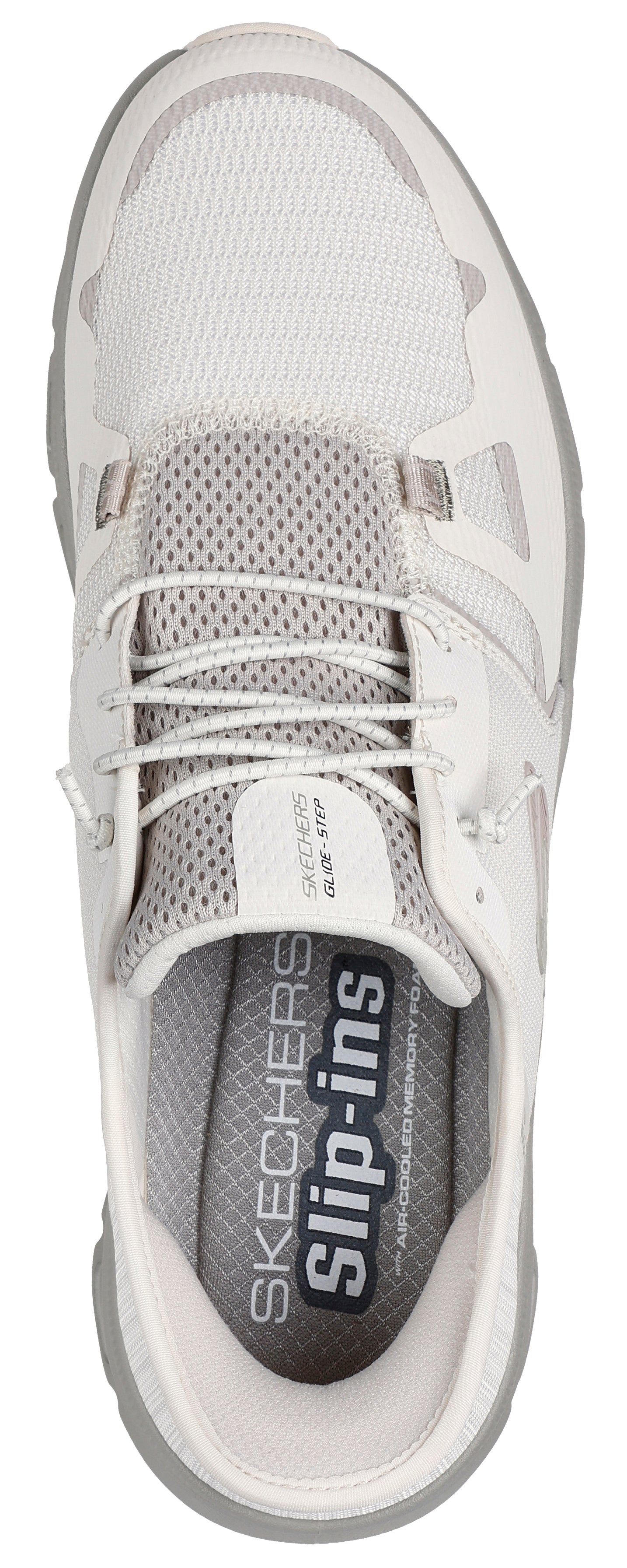 A top-down view of a slip-on shoe with white laces and visible text 'Slip-ins' on the insole.