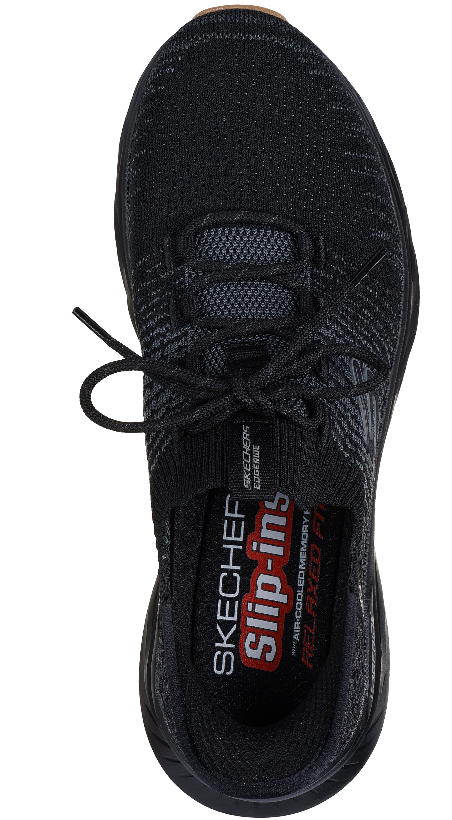Black slip-in shoe, top view, with laces and 'SKECHERS Slip-ins' and 'RELAXED FIT' text on the insole.