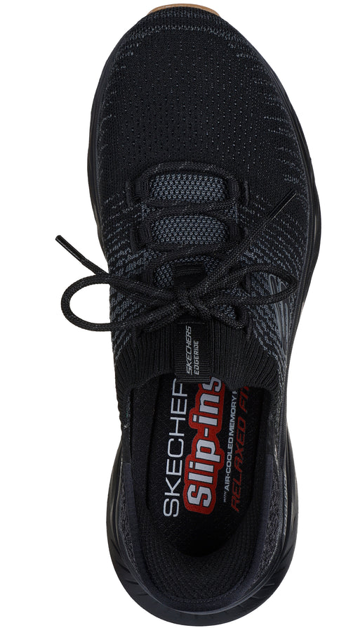 Black slip-in shoe, top view, with laces and 'SKECHERS Slip-ins' and 'RELAXED FIT' text on the insole.