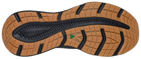 The underside of a shoe with a dark gray base and a light brown treaded sole.