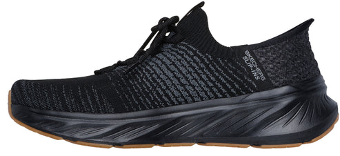 A black athletic shoe with dark laces and the text "SKECHERS SLIP-INS" on the side.