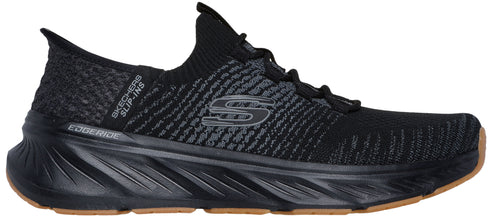 A black athletic shoe with EDGE RIDE and SKECHERS SLIP-INS text on the side.