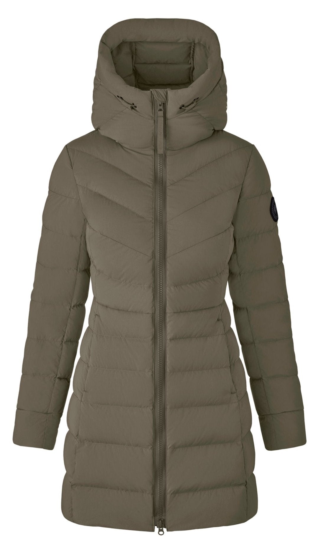 Olive-green quilted down puffer coat with hood and zip front