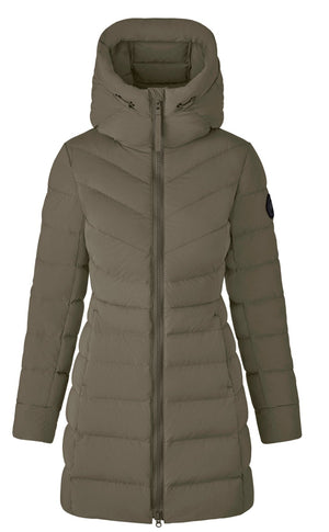 Olive-green quilted down puffer coat with hood and zip front