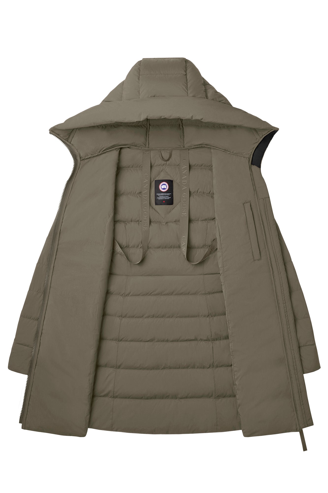 Open down coat in a neutral color with a hood.