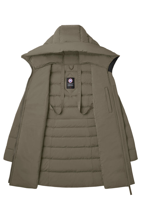 Open down coat in a neutral color with a hood.