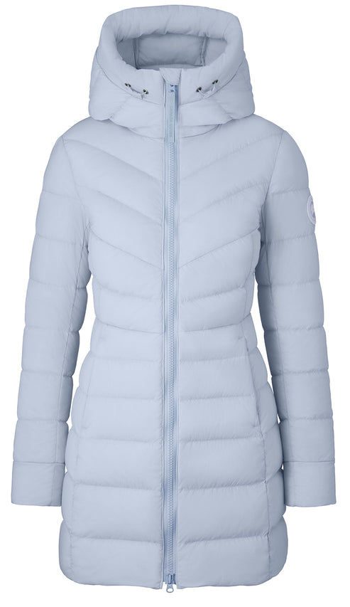 Light blue quilted long down jacket with hood.