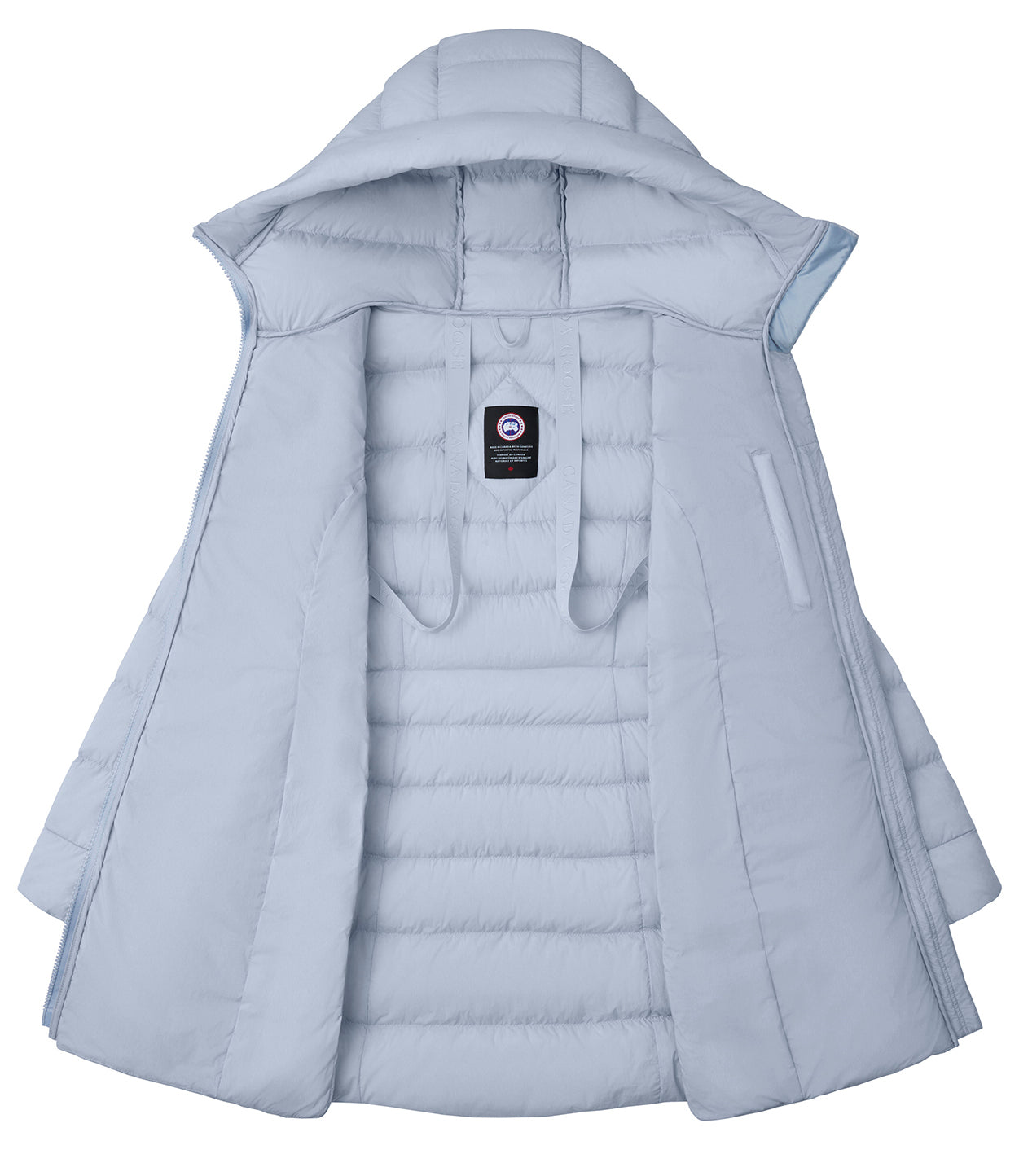 Open light blue hooded coat showing quilted inner lining.