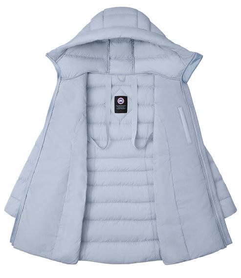 Open light blue hooded coat showing quilted inner lining.