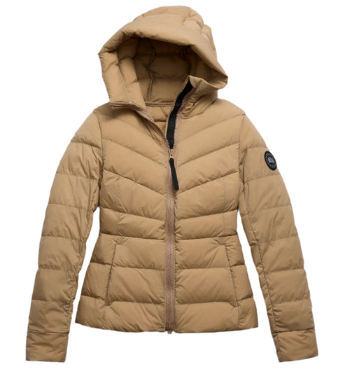 Tan puffer jacket with hood, zippered closure, and circular patch on left sleeve.