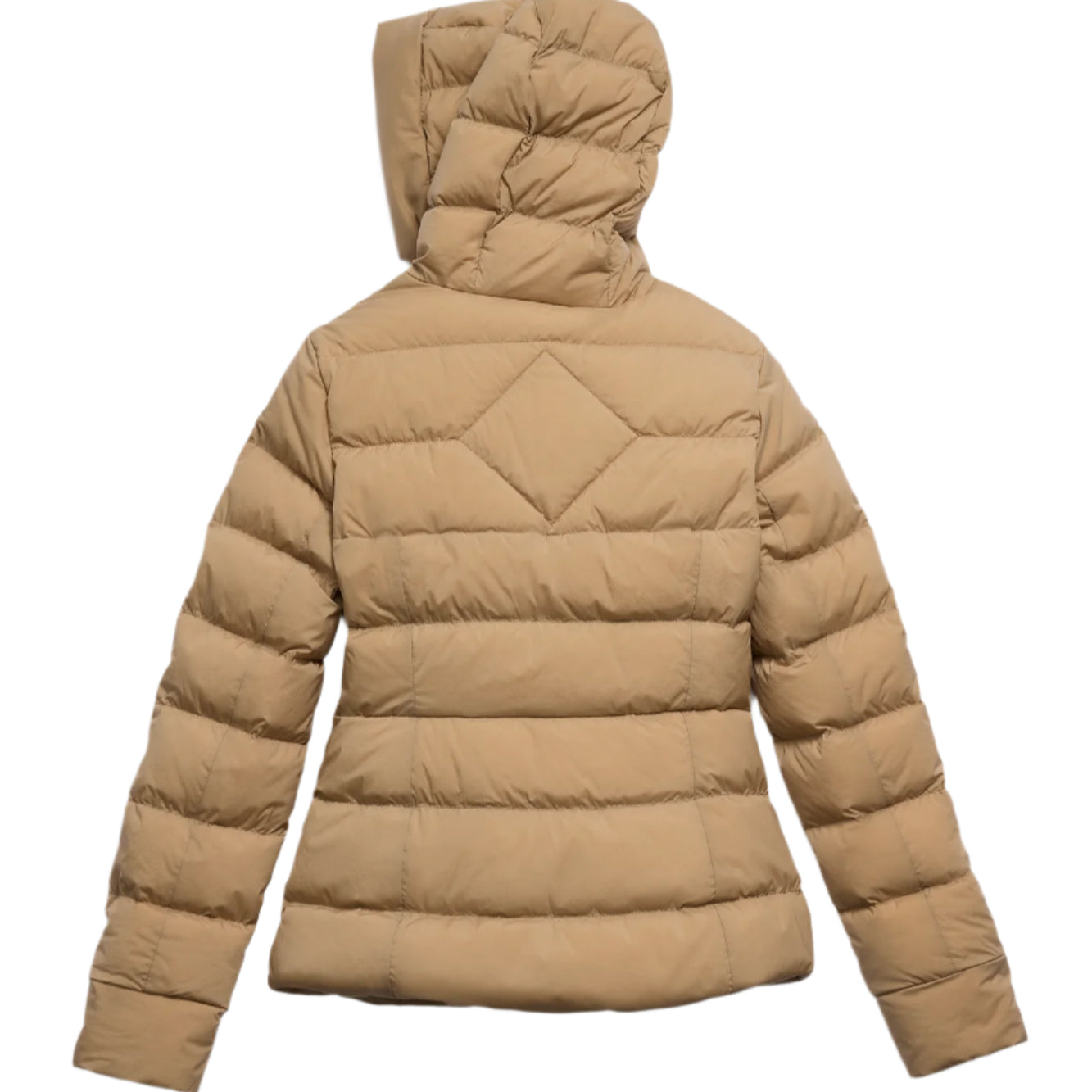 Tan puffer jacket with hood, viewed from the back.