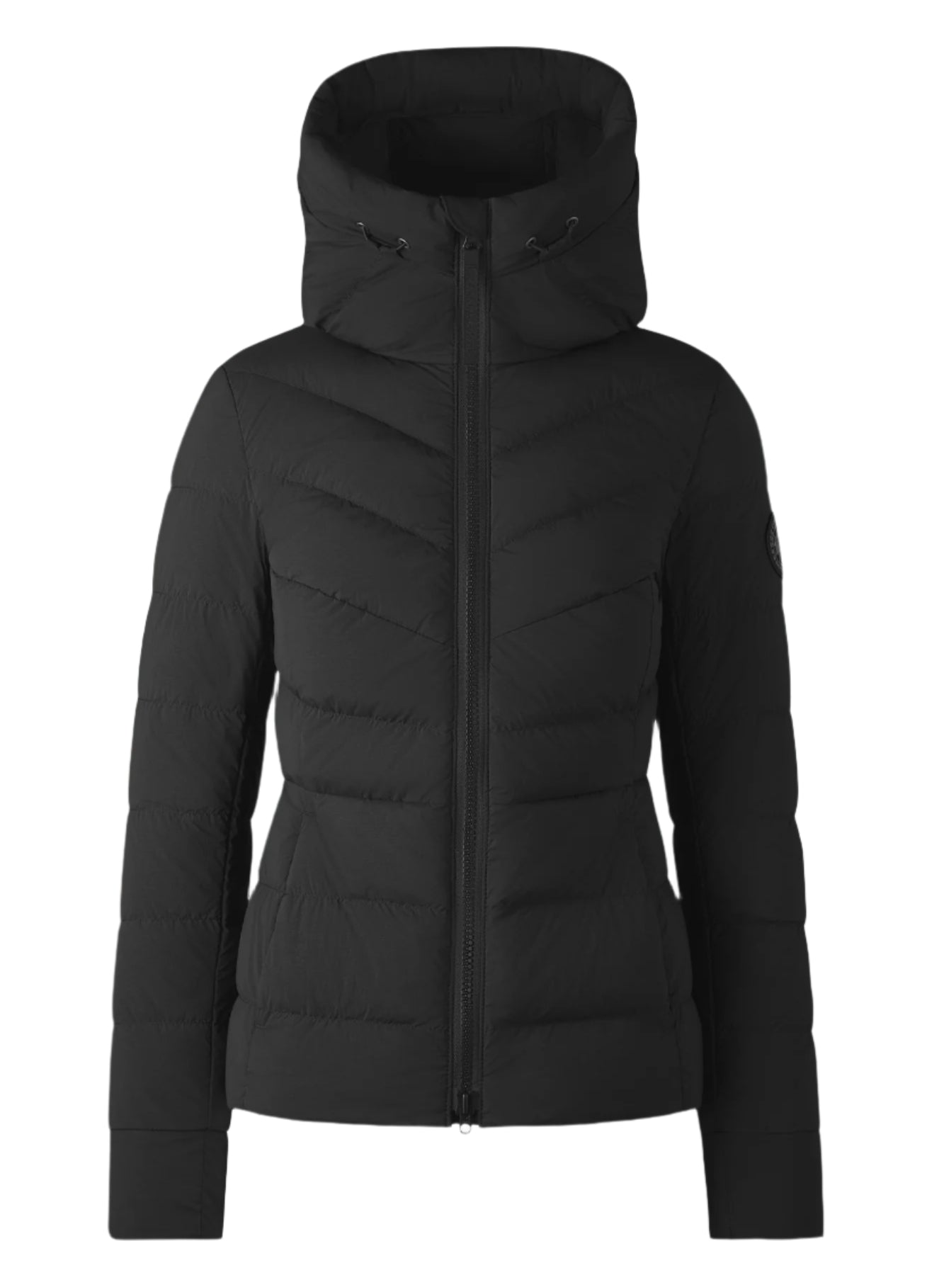 Black hooded puffer jacket.