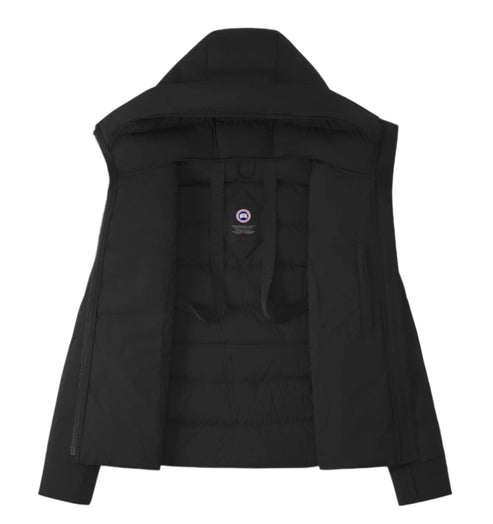 Black hooded open-front jacket with goose logo on interior.