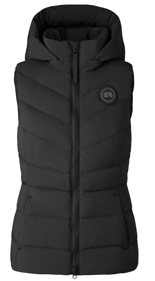 Black, hooded down vest with a full zipper and logo patch on the chest.