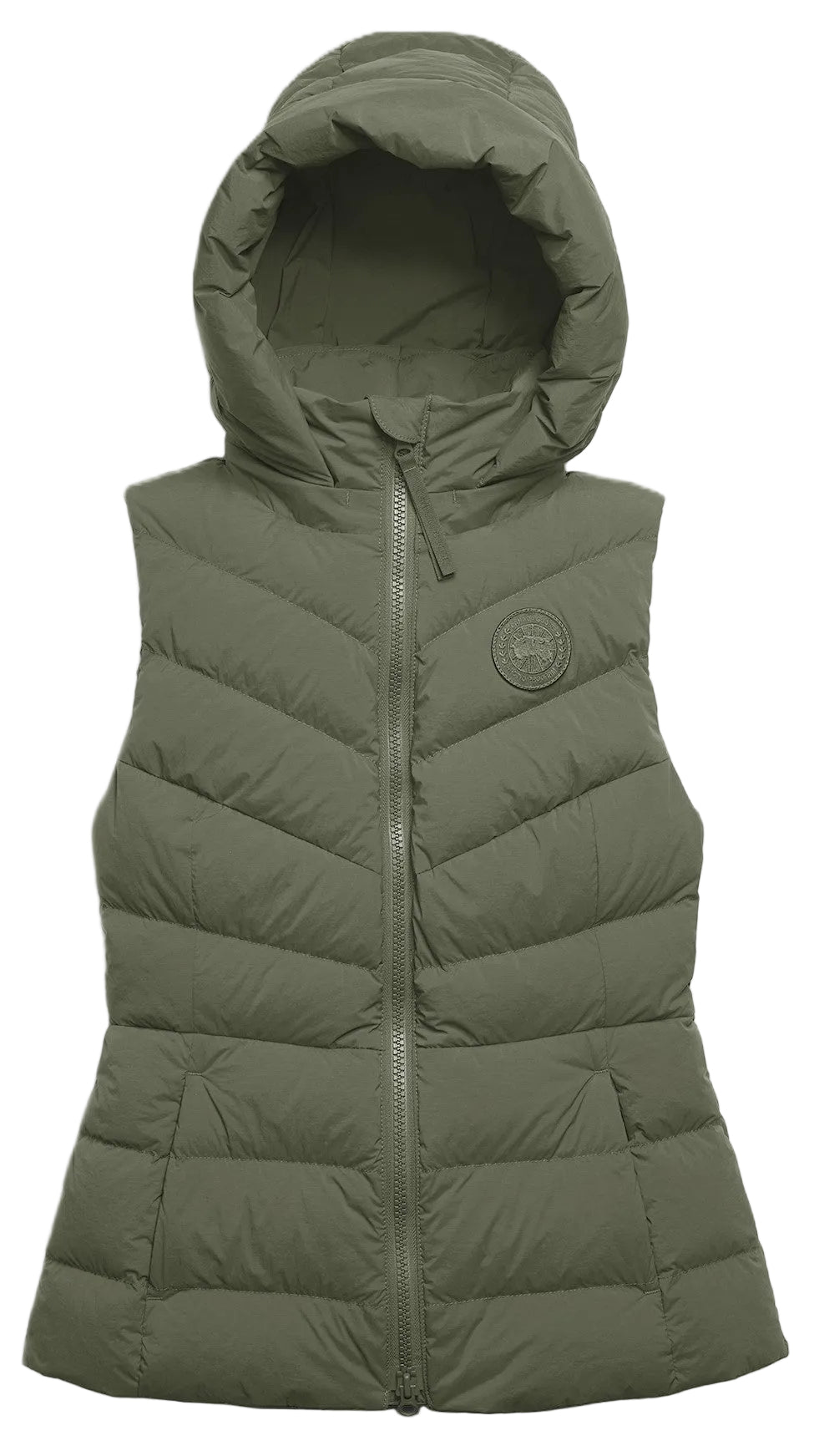 A sage green, hooded, quilted puffer vest with a zippered front and a round logo patch on the left chest.