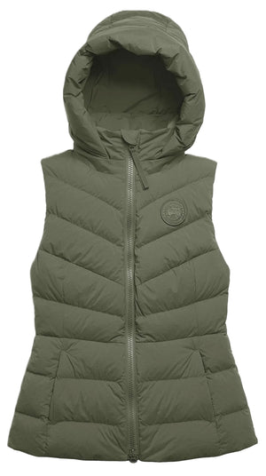 A sage green, hooded, quilted puffer vest with a zippered front and a round logo patch on the left chest.