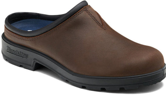 Brown leather clog with black sole and trim.