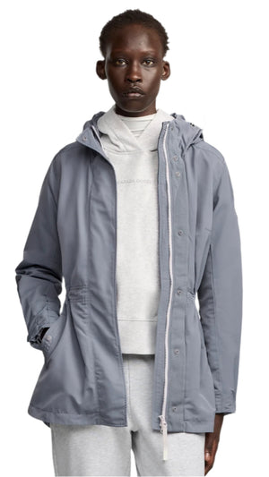 Person wearing a light-blue hooded lightweight jacket with zipper and buttons over a white top.