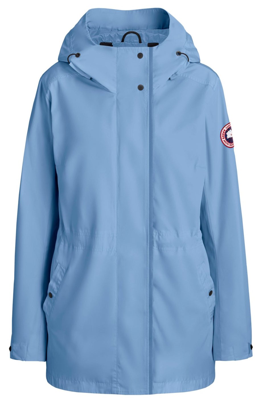 Light blue rain jacket with hood and badge on sleeve.
