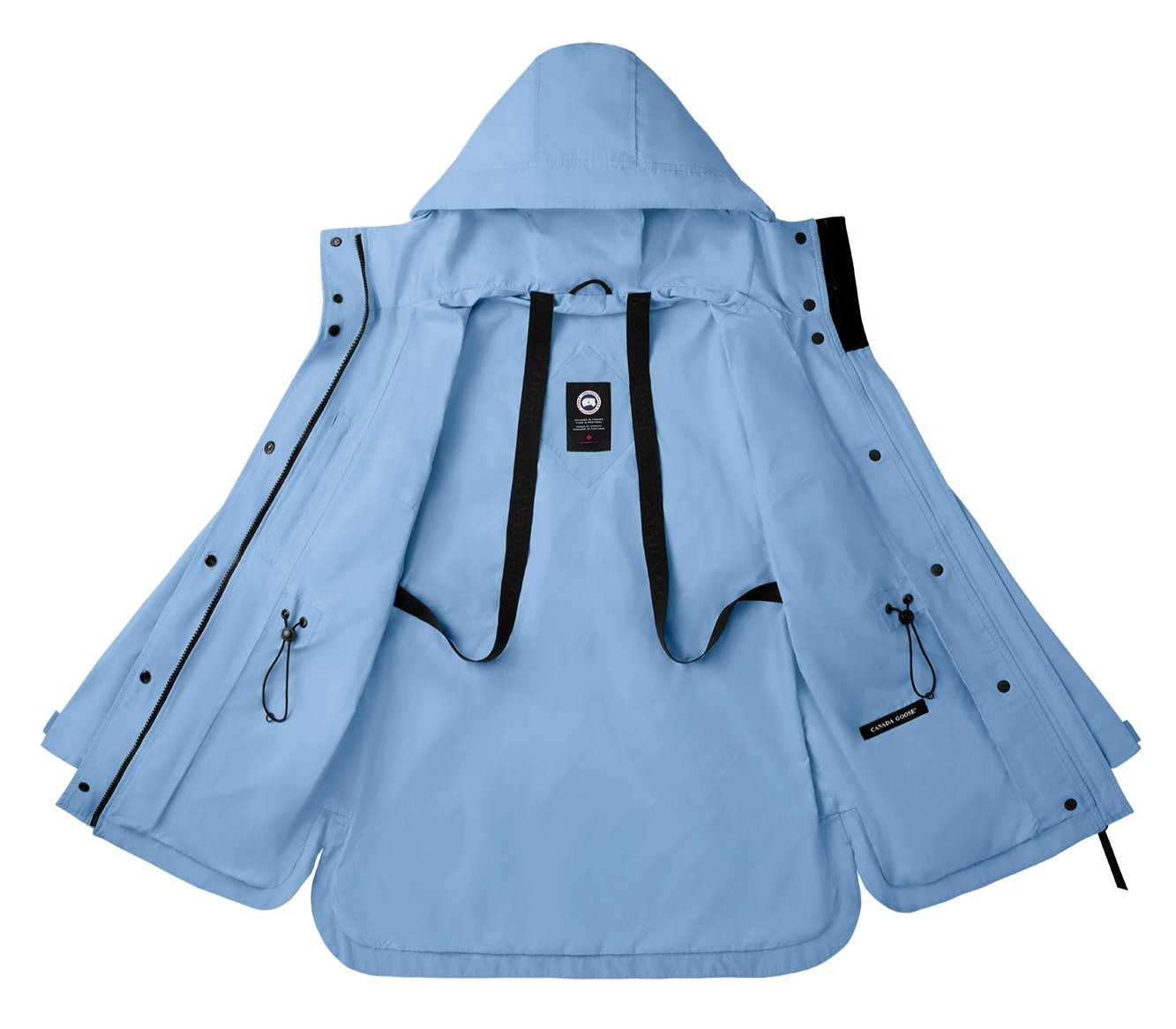 Open sky-blue jacket showing the inside with a hood, drawstrings, and a black label.