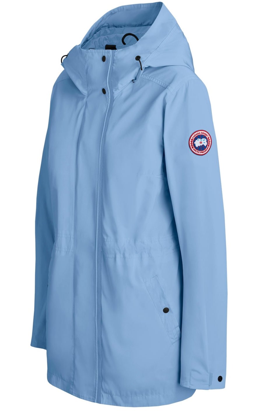 Light blue, hooded, long-sleeved jacket with a circular logo patch on the right arm.